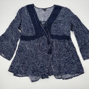 Torrid Size 0‎ Navy White Boho Paisley Bell Sleeve Crochet Lace Tie Neck Tunic